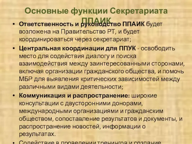 Основные функции Секретариата ППАИК Ответственность и руководство ППАИК будет возложена на Правительство