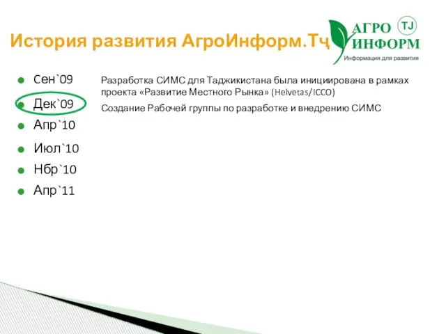 История развития АгроИнформ.Тҷ Cен`09 Дек`09 Апр`10 Июл`10 Нбр`10 Апр`11 Разработка СИМС для