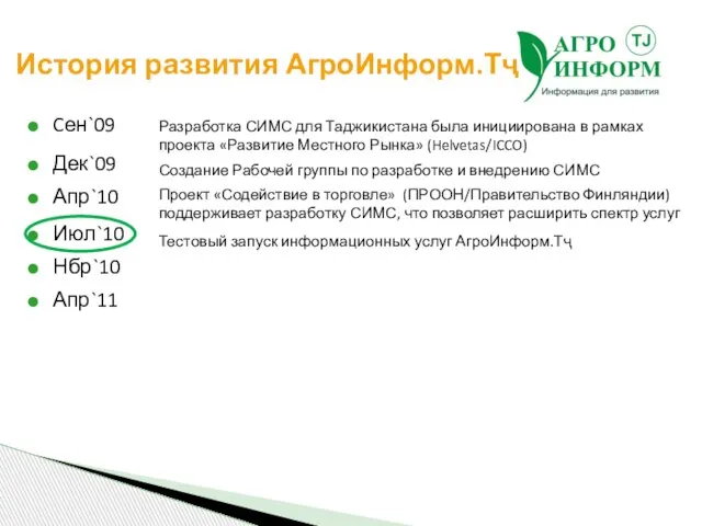 История развития АгроИнформ.Тҷ Cен`09 Дек`09 Апр`10 Июл`10 Нбр`10 Апр`11 Разработка СИМС для