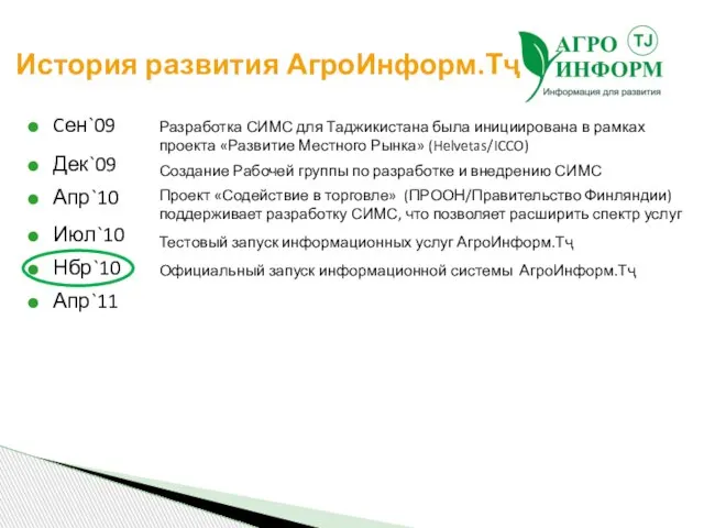 История развития АгроИнформ.Тҷ Cен`09 Дек`09 Апр`10 Июл`10 Нбр`10 Апр`11 Разработка СИМС для