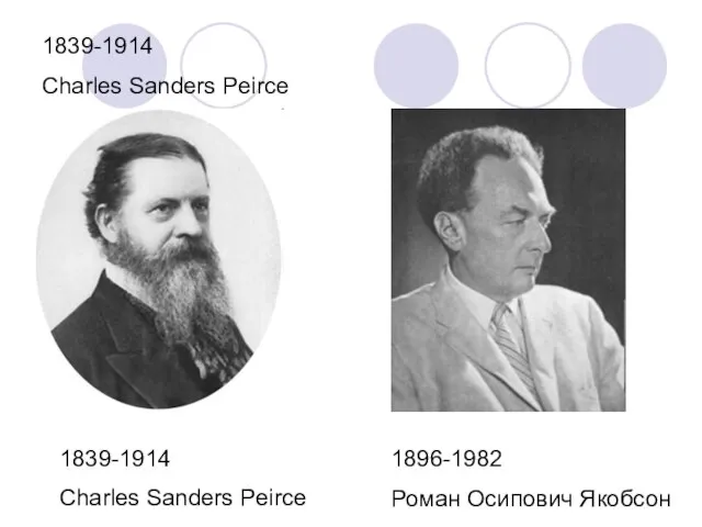 1839-1914 Charles Sanders Peirce 1839-1914 Charles Sanders Peirce 1896-1982 Роман Осипович Якобсон