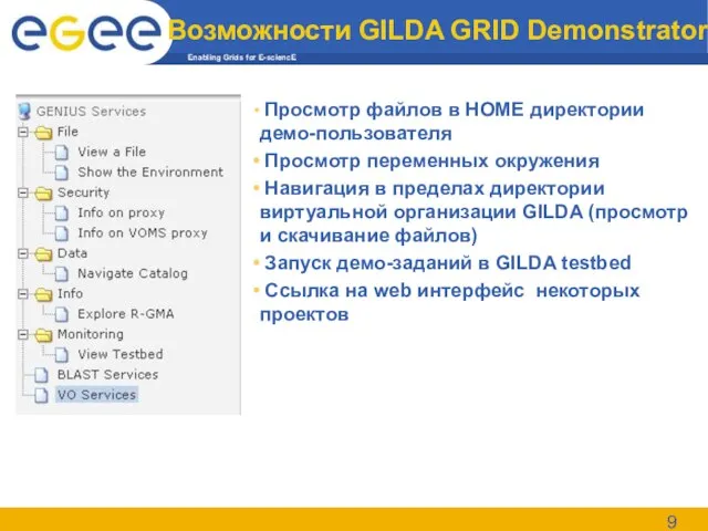 Возможности GILDA GRID Demonstrator Просмотр файлов в HOME директории демо-пользователя Просмотр переменных