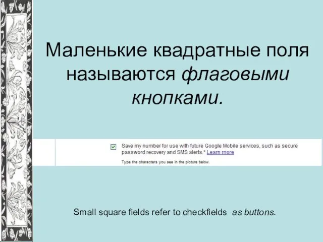 Маленькие квадратные поля называются флаговыми кнопками. Small square fields refer to checkfields as buttons.