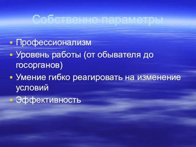 Собственно параметры Профессионализм Уровень работы (от обывателя до госорганов) Умение гибко реагировать на изменение условий Эффективность