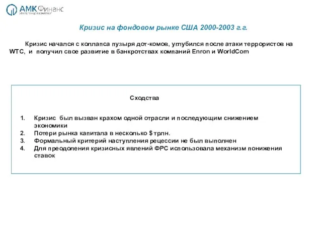 Кризис на фондовом рынке США 2000-2003 г.г. Кризис начался с коллапса пузыря