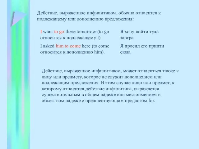 Действие, выраженное инфинитивом, обычно относится к подлежащему или дополнению предложения: I want