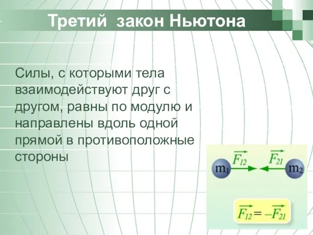 Третий закон Ньютона Силы, с которыми тела взаимодействуют друг с другом, равны