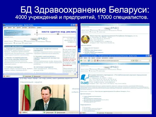 БД Здравоохранение Беларуси: 4000 учреждений и предприятий, 17000 специалистов.