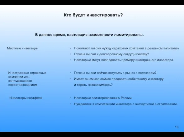 Кто будет инвестировать? В данное время, настоящие возможности лимитированы. Местные инвесторы Готовы