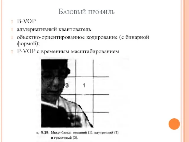 Базовый профиль B-VOP альтернативный квантователь объектно-ориентированное кодирование (с бинарной формой); P-VOP с временным масштабированием