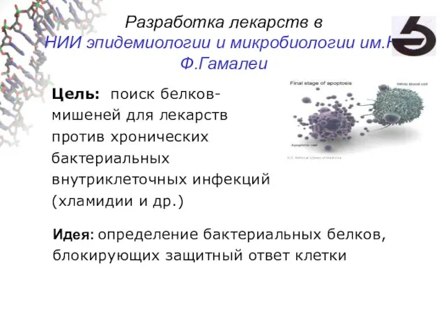 Идея: определение бактериальных белков, блокирующих защитный ответ клетки Цель: поиск белков-мишеней для