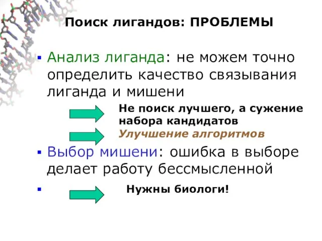 Поиск лигандов: ПРОБЛЕМЫ Анализ лиганда: не можем точно определить качество связывания лиганда