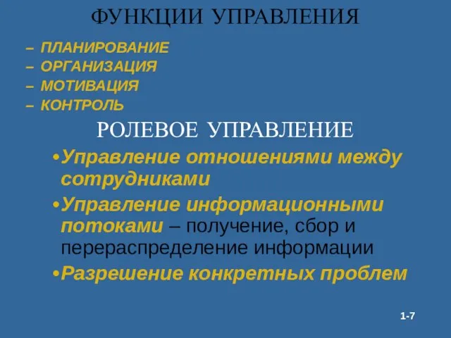 ФУНКЦИИ УПРАВЛЕНИЯ ПЛАНИРОВАНИЕ ОРГАНИЗАЦИЯ МОТИВАЦИЯ КОНТРОЛЬ РОЛЕВОЕ УПРАВЛЕНИЕ Управление отношениями между сотрудниками