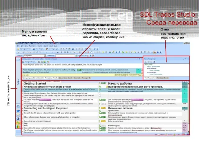 Меню и панели инструментов Панель навигации Многофункциональная область: связь с базой перевода,