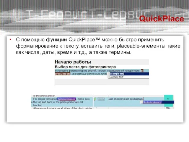 С помощью функции QuickPlace™ можно быстро применить форматирование к тексту, вставить теги,