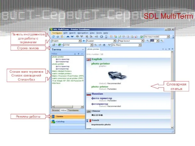 SDL MultiTerm Панель инструментов для работы с терминами Режимы работы Строка поиска