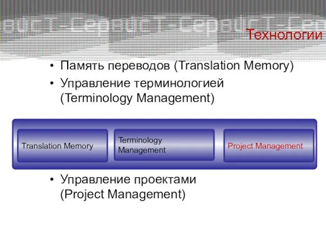 Память переводов (Translation Memory) Управление терминологией (Terminology Management) Управление проектами (Project Management)