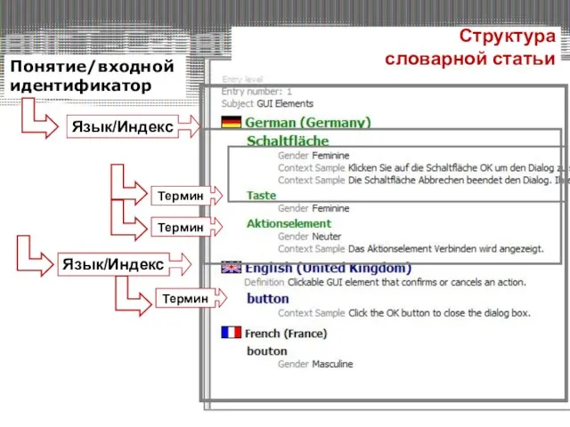 Понятие/входной идентификатор Структура словарной статьи Термин Термин Термин Язык/Индекс Язык/Индекс