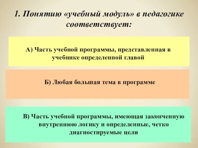 1. Понятию «учебный модуль» в педагогике соответствует: А) Часть учебной программы, представленная