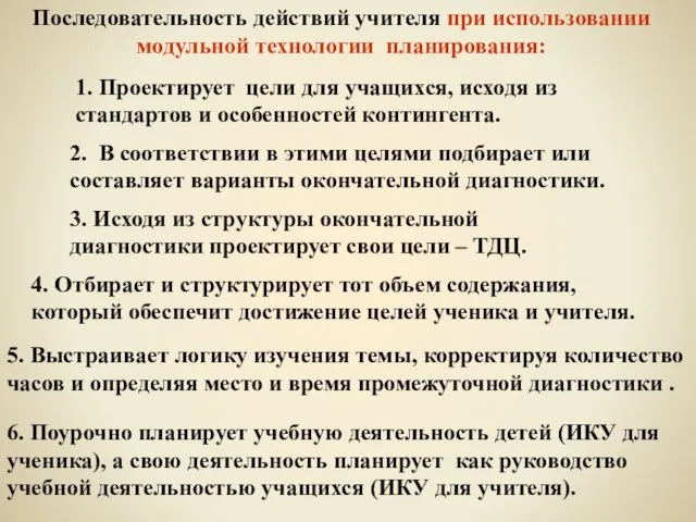 Последовательность действий учителя при использовании модульной технологии планирования: 1. Проектирует цели для