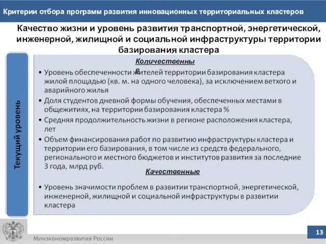 Критерии отбора программ развития инновационных территориальных кластеров Научно-технологический и образовательный потенциал кластера