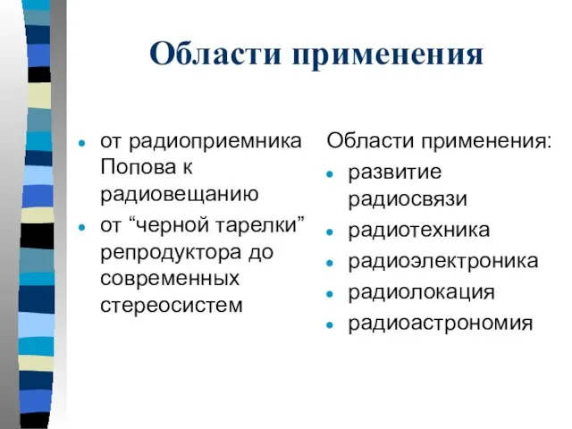 Области применения от радиоприемника Попова к радиовещанию от “черной тарелки” репродуктора до