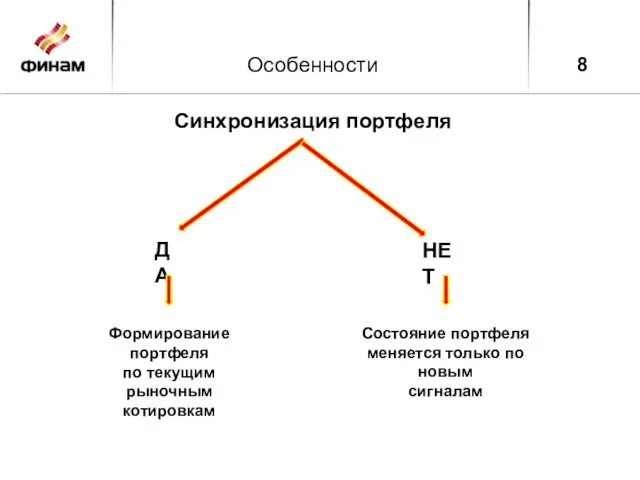 8 Особенности Синхронизация портфеля ДА НЕТ Формирование портфеля по текущим рыночным котировкам