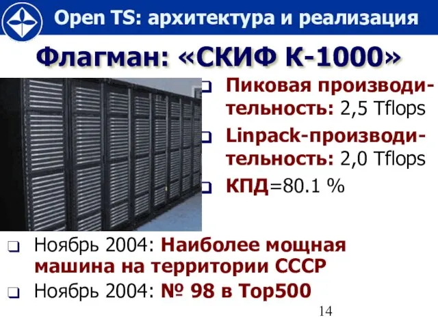 Флагман: «СКИФ К-1000» Пиковая производи-тельность: 2,5 Tflops Linpack-производи-тельность: 2,0 Tflops КПД=80.1 %