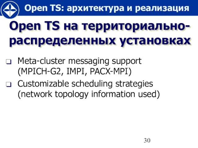 Open TS на территориально-распределенных установках Meta-cluster messaging support (MPICH-G2, IMPI, PACX-MPI) Customizable