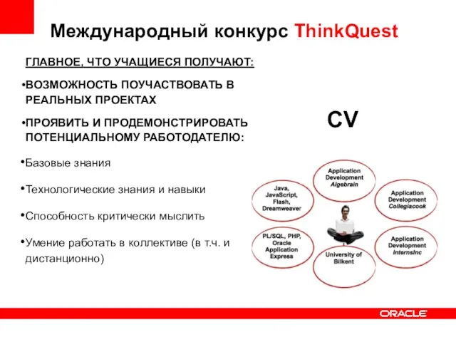 Международный конкурс ThinkQuest ГЛАВНОЕ, ЧТО УЧАЩИЕСЯ ПОЛУЧАЮТ: ВОЗМОЖНОСТЬ ПОУЧАСТВОВАТЬ В РЕАЛЬНЫХ ПРОЕКТАХ