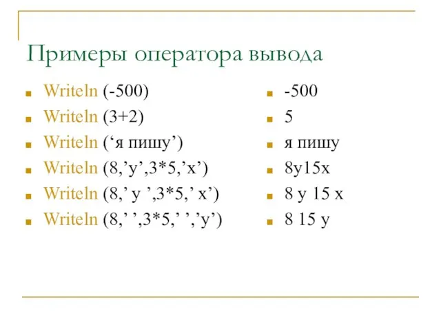 Примеры оператора вывода Writeln (-500) Writeln (3+2) Writeln (‘я пишу’) Writeln (8,’y’,3*5,’x’)