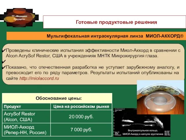 Проведены клинические испытания эффективности Миол-Аккорд в сравнении с Alcon AcrySof Restor, США