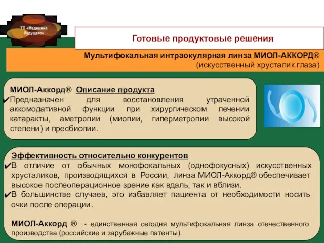 МИОЛ-Аккорд® Описание продукта Предназначен для восстановления утраченной аккомодативной функции при хирургическом лечении