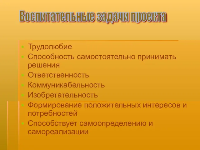 Трудолюбие Способность самостоятельно принимать решения Ответственность Коммуникабельность Изобретательность Формирование положительных интересов и