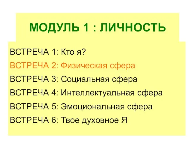 МОДУЛЬ 1 : ЛИЧНОСТЬ ВСТРЕЧА 1: Кто я? ВСТРЕЧА 2: Физическая сфера