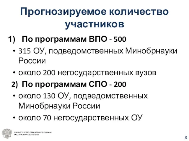 Прогнозируемое количество участников По программам ВПО - 500 315 ОУ, подведомственных Минобрнауки