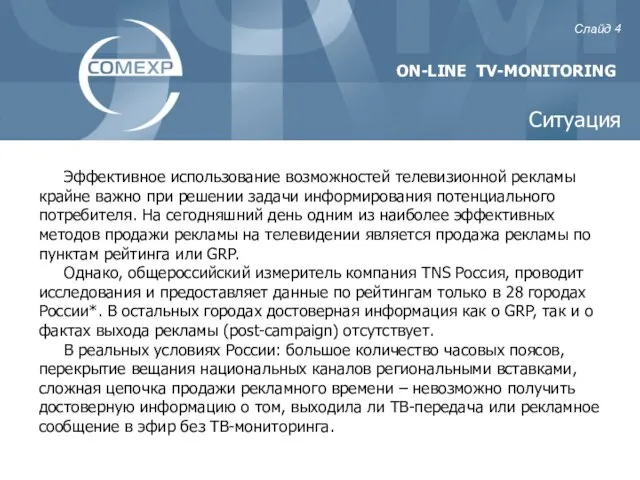 ON-LINE TV-MONITORING Слайд Ситуация Эффективное использование возможностей телевизионной рекламы крайне важно при