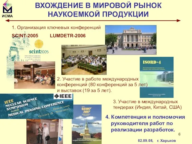 ВХОЖДЕНИЕ В МИРОВОЙ РЫНОК НАУКОЕМКОЙ ПРОДУКЦИИ 1. Организация ключевых конференций SCINT-2005 LUMDETR-2006