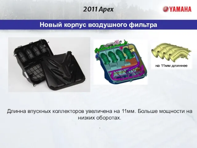 2011 Apex Новый корпус воздушного фильтра Длинна впускных коллекторов увеличена на 11мм.