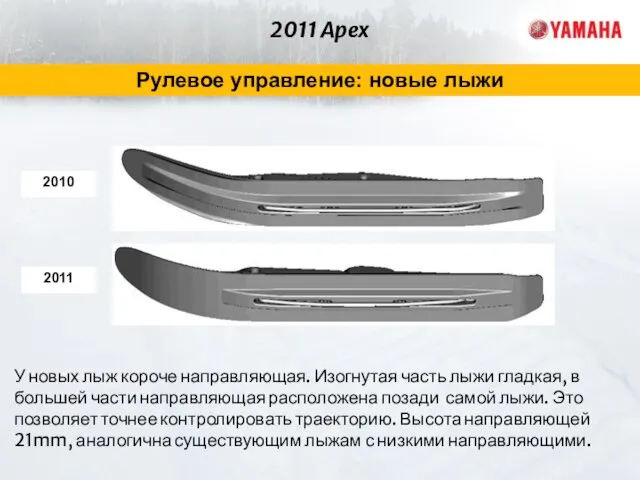 2011 Apex Рулевое управление: новые лыжи У новых лыж короче направляющая. Изогнутая