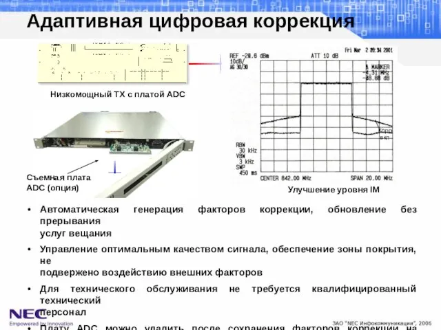 Адаптивная цифровая коррекция Автоматическая генерация факторов коррекции, обновление без прерывания услуг вещания