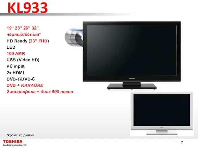 KL933 19” 23” 26” 32” черный/белый* HD Ready (23” FHD) LED 100