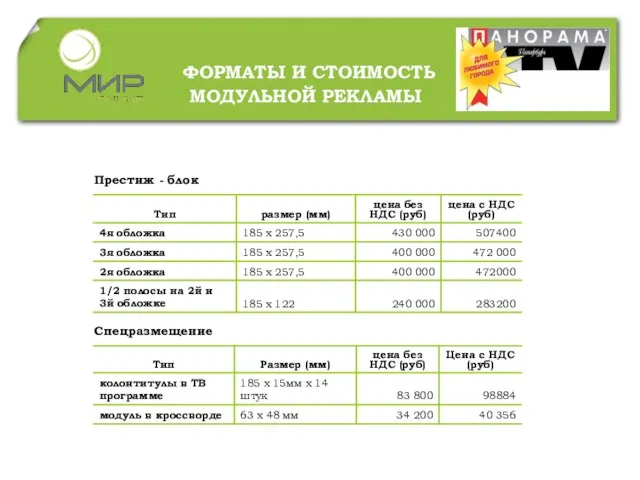 Престиж - блок Спецразмещение ФОРМАТЫ И СТОИМОСТЬ МОДУЛЬНОЙ РЕКЛАМЫ