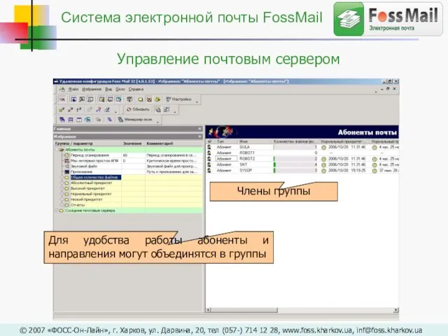 Для удобства работы абоненты и направления могут объединятся в группы Члены группы