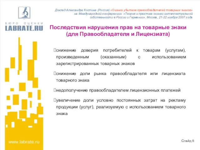 Последствия нарушения прав на товарные знаки (для Правообладателя и Лицензиата) снижение доверия