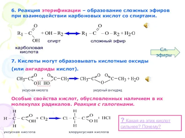 6. Реакция этерификации – образование сложных эфиров при взаимодействии карбоновых кислот со