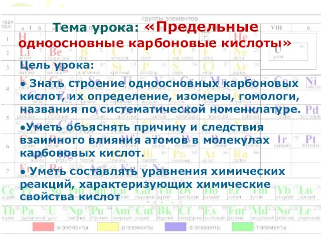 Тема урока: «Предельные одноосновные карбоновые кислоты» Цель урока: ● Знать строение одноосновных