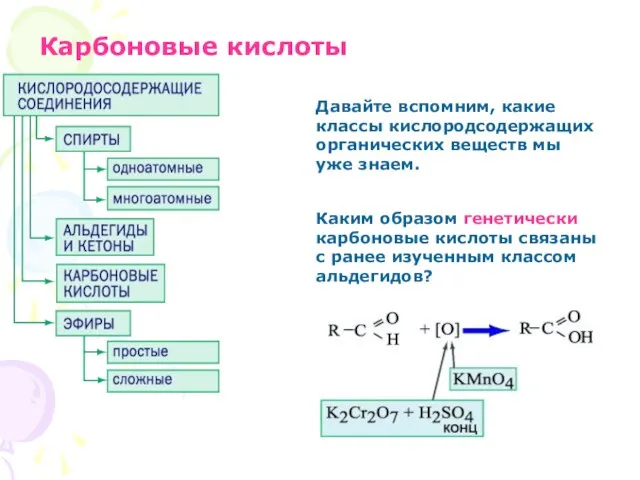 Карбоновые кислоты Давайте вспомним, какие классы кислородсодержащих органических веществ мы уже знаем.