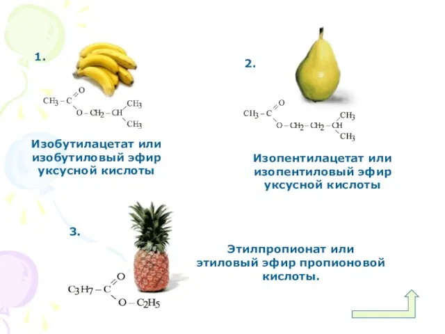 1. Изобутилацетат или изобутиловый эфир уксусной кислоты 2. Изопентилацетат или изопентиловый эфир