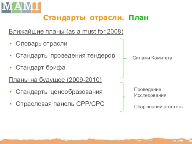 Стандарты отрасли. План Ближайшие планы (as a must for 2008) Словарь отрасли